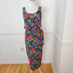 VTG Maggie Lawrence Dress Size 4 Midi Floral Silk Wrap Beach Tropical Cocktail